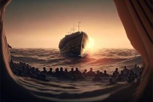 migrantes en barco en Mediterráneo mar dramático escena ilustración generativo ai foto