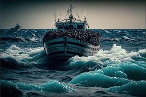 migrants on boat in mediterranean sea dramatic scene illustration photo