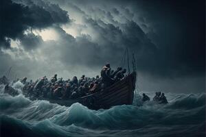 migrants on boat in mediterranean sea dramatic scene illustration photo