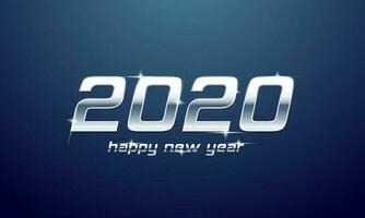 Shiny silver text of 2020 Happy New Year on blue background can be used as greeting card design. vector