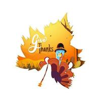 Creative greeting card or poster design with illustration of turkey bird and forest view on maple leaf for Happy Thanksgiving celebration concept. vector