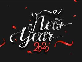 Calligraphy of Happy New Year 2020 text on black background decorated with red confetti. vector