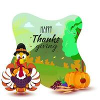 Illustration of turkey bird with vegetable, fruit and wheat ear on abstract nature view background for Happy Thanksgiving celebration greeting card design. vector