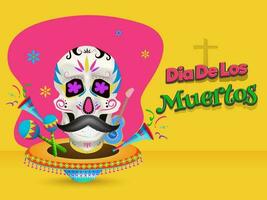 Dia De Muertos banner or poster design with sugar skull, sombrero hat and musical instrument on abstract yellow background. vector