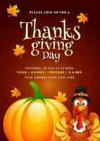 Advertising template or flyer design with turkey bird, pumpkin and event details for Thanksgiving Day celebration. vector