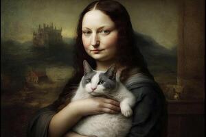 mona Lisa con un gato ilustración generativo ai foto
