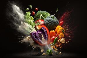 Fresh mixed vegetables exploding. Healthy eating concept. black background illustration photo