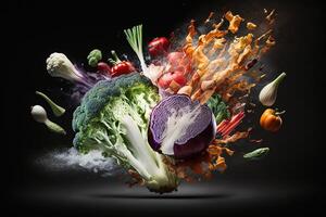 Fresh mixed vegetables exploding. Healthy eating concept. black background illustration photo