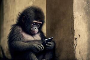 Monkey using a smartphone illustration photo