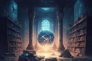 mystical library filled with ancient tomes and magical artifacts, with glowing runes etched into the shelves and floating orbs of light guiding the way illustration photo