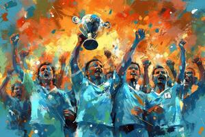 Winning championship of Napoli soccer football club, scudetto celebrating team, fans crowd of supporters illustration photo