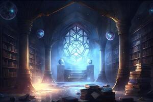 mystical library filled with ancient tomes and magical artifacts, with glowing runes etched into the shelves and floating orbs of light guiding the way illustration photo