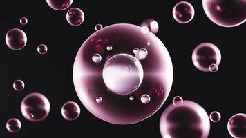 Dark background with transparent spherical bubbles and DNA strands. 3d animation video