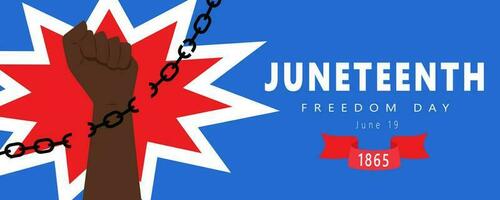 Banner With A Raised Clenched Fist Breaking Chain. Juneteenth Freedom Day. African American Holiday, National Independence Day, June 19. Vector Illustration On A Blue Background.