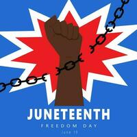 elevado apretado puño rotura cadenas en contra el antecedentes de un rojo y blanco explosión. diecinueve de junio libertad día. africano americano nacional independencia día. vector ilustración en azul antecedentes