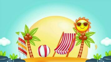 Summer vacation opening animation. Summer beach animation by the sea with beach chair, ball, sun, surfboard and umbrella. Suitable for beach vacation video