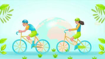 3d vector animation of a young couple riding bicycles in a fresh environment for world bike day and car free day, with rotating earth in the background video