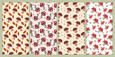 Set of mushroom, leaf and flower seamless pattern. Nature pattern. Summer pattern. Patterns for textiles or for covers. Wallpapers. vector