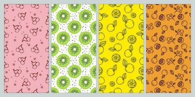 Set of seamless pattern. Cherry, kiwi, lemon, and orange. Fruit pattern. Summer pattern. Patterns for textiles or for covers. Wallpapers. vector