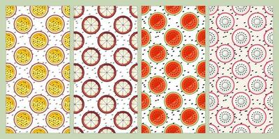 Set of seamless pattern. Passion fruit, mangosteen, watermelon, dragon fruit. Fruit pattern. Summer pattern. Patterns for textiles or for covers. Wallpapers. vector