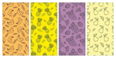 Set of seamless pattern. Banana, pineapple, grape, and peer. Fruit pattern. Summer pattern. Patterns for textiles or for covers. Wallpapers. vector