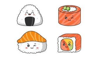 Various kawaii Sushi, rolls, nigiri. Japanese cartoon style vector
