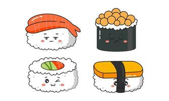 Various kawaii Sushi, rolls, nigiri. Japanese cartoon style vector