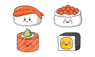 Various kawaii Sushi, rolls, nigiri. Japanese cartoon style vector