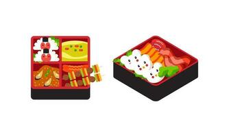 bento caja logo. japonés almuerzo caja. varios tradicional asiático comida dibujos animados estilo vector