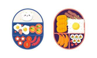 Bento box logo. Japanese lunch box. Various traditional asian food cartoon style vector