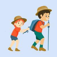 Vector illustration of a walking boy, helping a scared girl. Travelling children with backpacks. Scouts, travelers or holiday makers picture. Bright cute illustration