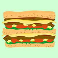 Hand drawn Ham and vegetable cheese sandwich illustration. Flat vector. Top view, Flat vector illustration Hand drawn Clip Art