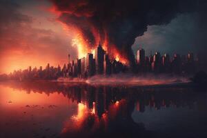 new york is burning on fire at night apocalypse scene illustration photo