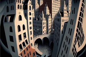 nuevo York ciudad pintado por escher ilustración generativo ai foto