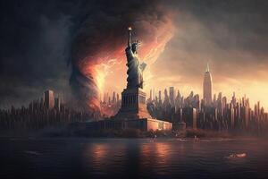 new york is burning on fire at night apocalypse scene illustration photo