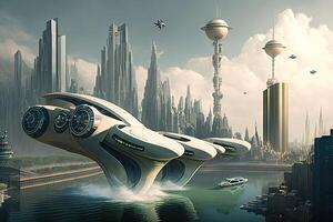 New York City of the future year 2100 with flying cars and new skyscarpers illustration photo