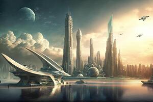 New York City of the future year 2100 with flying cars and new skyscarpers illustration photo