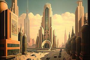 New York City of the future year 2100 with flying cars and new skyscarpers illustration photo