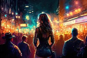 Night out in a city, with bright lights, music, and laughter capturing the excitement of urban nightlife illustration photo