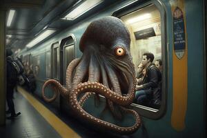 octopus animal on new york city subway underground metro train illustration photo
