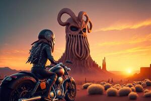 octopus bike rider in monument valley at sunset illustration photo