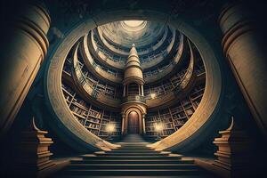 Library of magic. Old scroll library. Stack of ancient scrolls. Medieval manuscripts library illustration photo