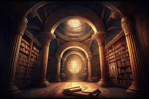 Library of magic. Old scroll library. Stack of ancient scrolls. Medieval manuscripts library illustration photo
