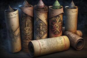 Library of magic. Old scroll Medieval manuscripts library illustration photo