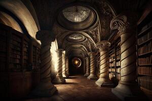 Library of magic. Old scroll library. Stack of ancient scrolls. Medieval manuscripts library illustration photo