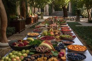 Ramadán kareem al aire libre iftar comida con un formación de fresco, estacional frutas y vegetales y hermosa floral preparativos ilustración generativo ai foto