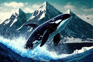 Orca killer whale snowboarding down the snowy mountains photo