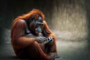 orang utan mono utilizando un teléfono inteligente ilustración generativo ai foto