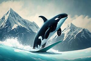 Orca killer whale snowboarding down the snowy mountains photo