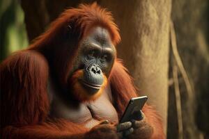 orang utan mono utilizando un teléfono inteligente ilustración generativo ai foto